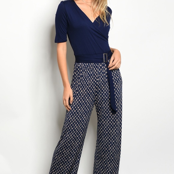 Navy Jersey Color Block Belted Jumpsuit - Picture 2 of 4